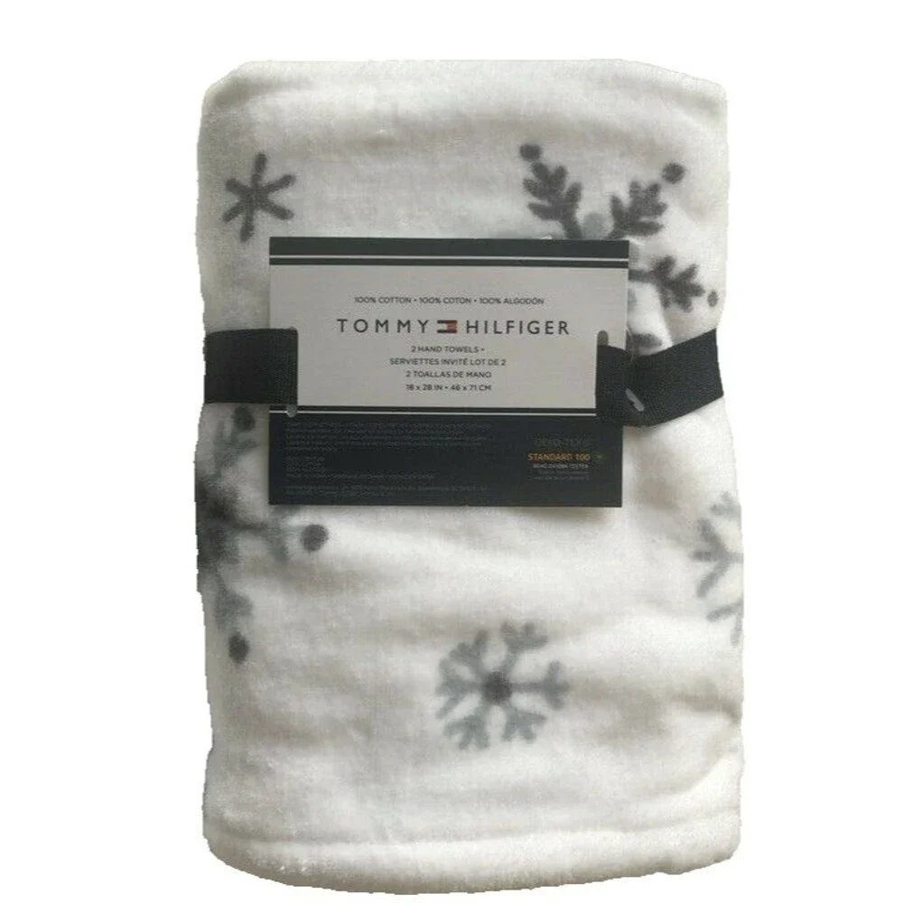 Tommy Hilfiger Christmas Hand Towels Set of 2 Bathroom Holiday White Snowflake